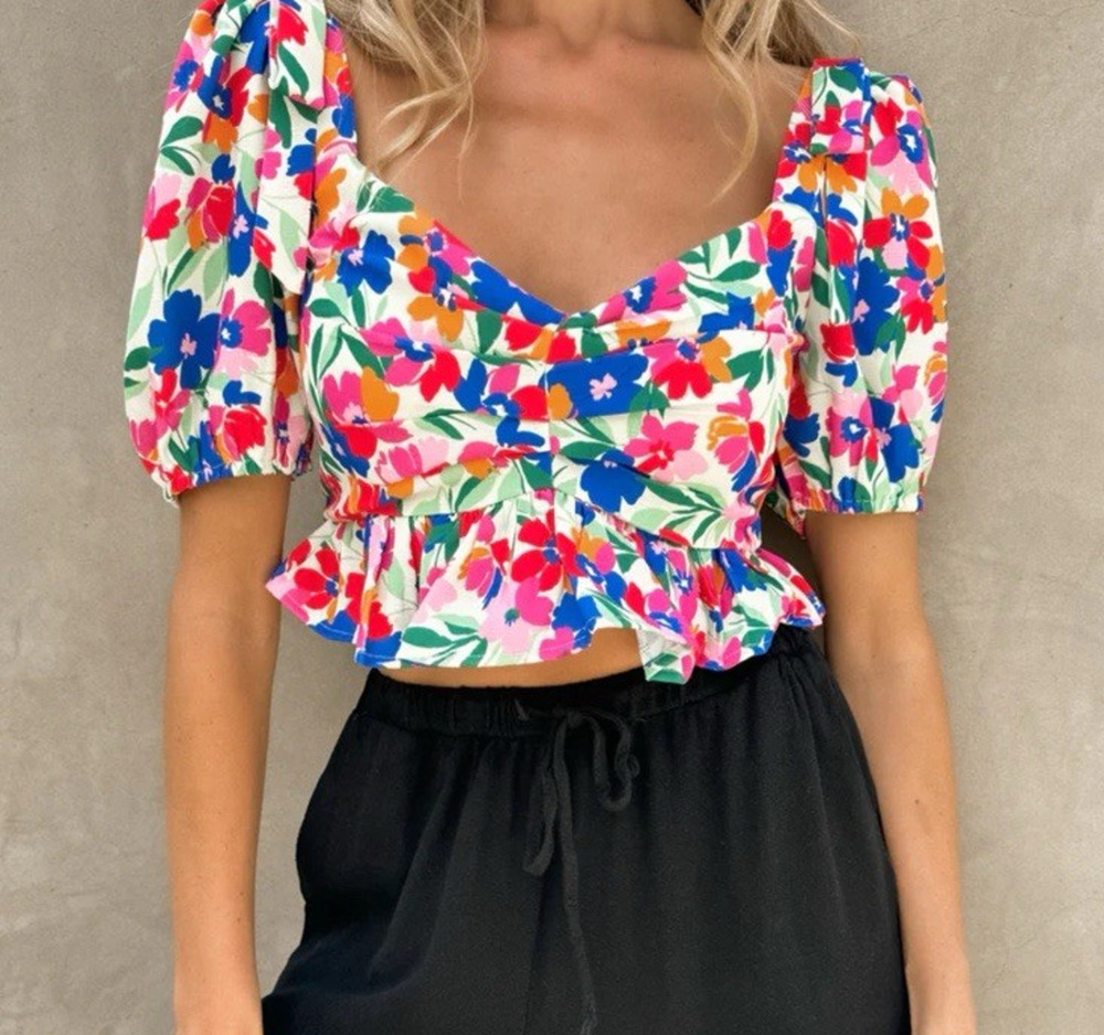 NWT Altar'd State Floral Puff Sleeve Crop Top Shirt Women's Size Small S - Picture 1 of 8